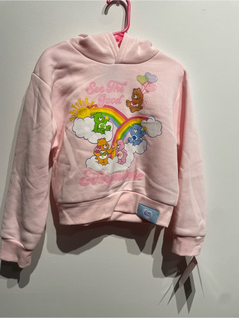 Girls Care Bears Hooded Fleece Graphic Sweatshirt Light Pink XS NWT